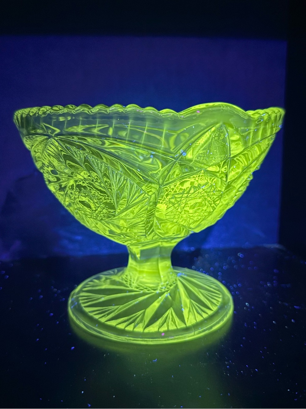 Vintage UV Reactive EAPG Glass Compote Pedestal Bowl Intricate Design